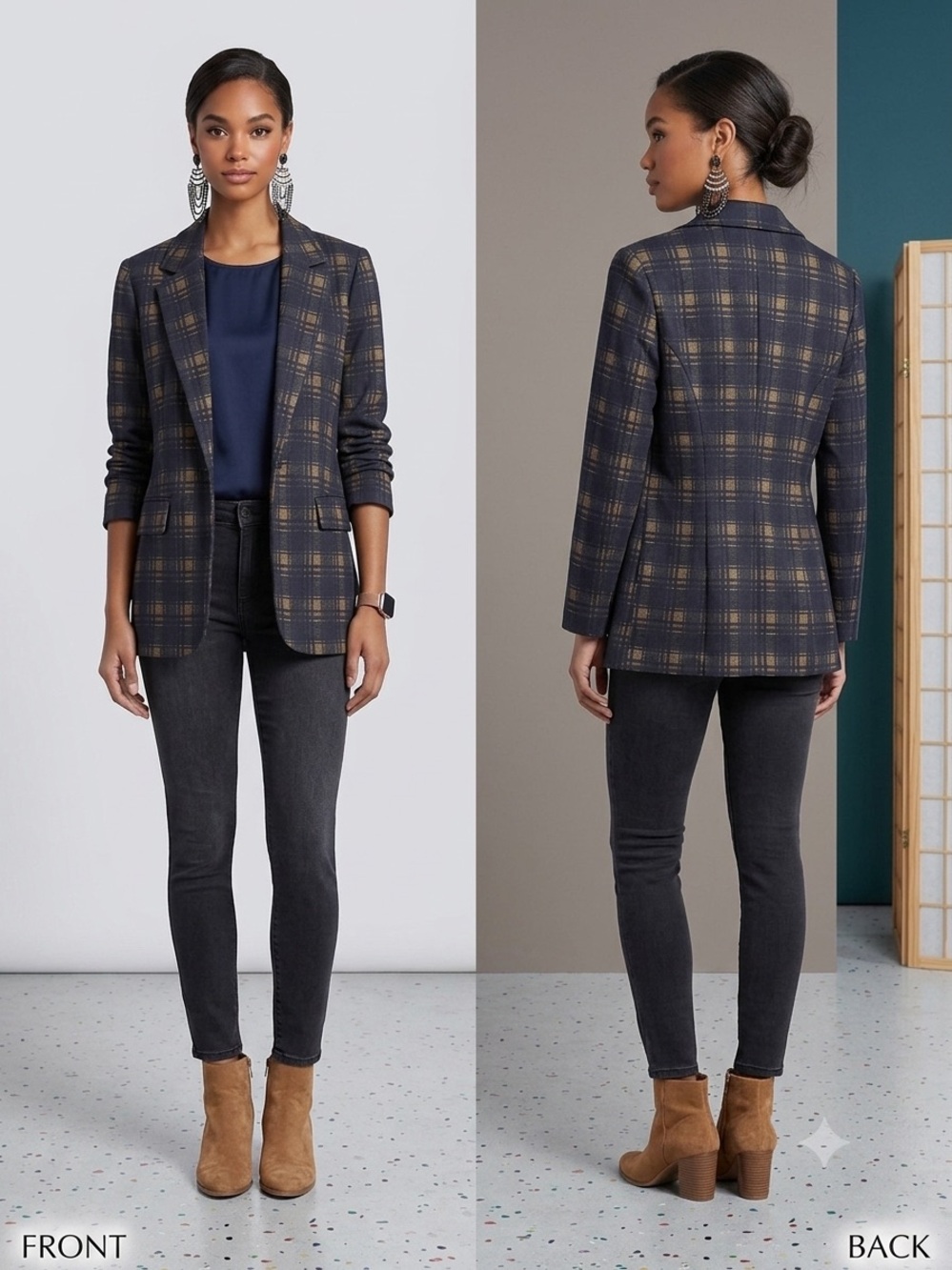 Liverpool LA - Plaid Navy & Tan Tailored Blazer - Women